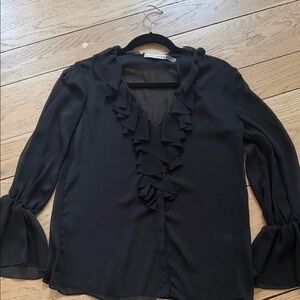 Alice + Olivia Black Ruffle V-Neck Long Sleeve Blouse
